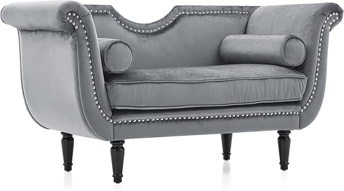 Christopher Knight Home Aurora Velvet Chaise Lounge Indoor with 2 Bolster Pillows, Upholstery Entryway Bench with Nailhead Trim & Curved Arms, End of Bed Bench Ottoman and Wooden Legs, Grey