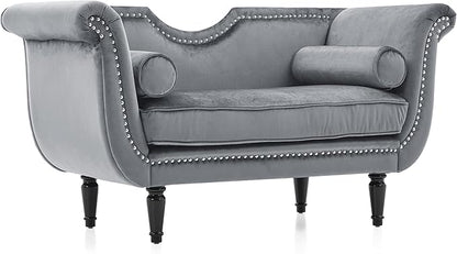 Christopher Knight Home Aurora Velvet Chaise Lounge Indoor with 2 Bolster Pillows, Upholstery Entryway Bench with Nailhead Trim & Curved Arms, End of Bed Bench Ottoman and Wooden Legs, Grey