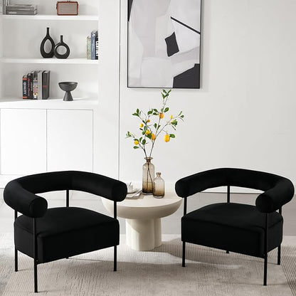 Modern Accent Chairs Set of 2 with Curved Back, Black Small Velvet Barrel Vanity Chairs Armchairs with Metal Legs & Upholstered for Living Room, Makeup Room