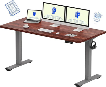 FLEXISPOT EN1 One-Piece Adjustable Stand Up Desk - 60 x 24 Inches Electric Standing Desk with Seamless Desktop (Silver Frame + Mahogany Top, 2 Packages)