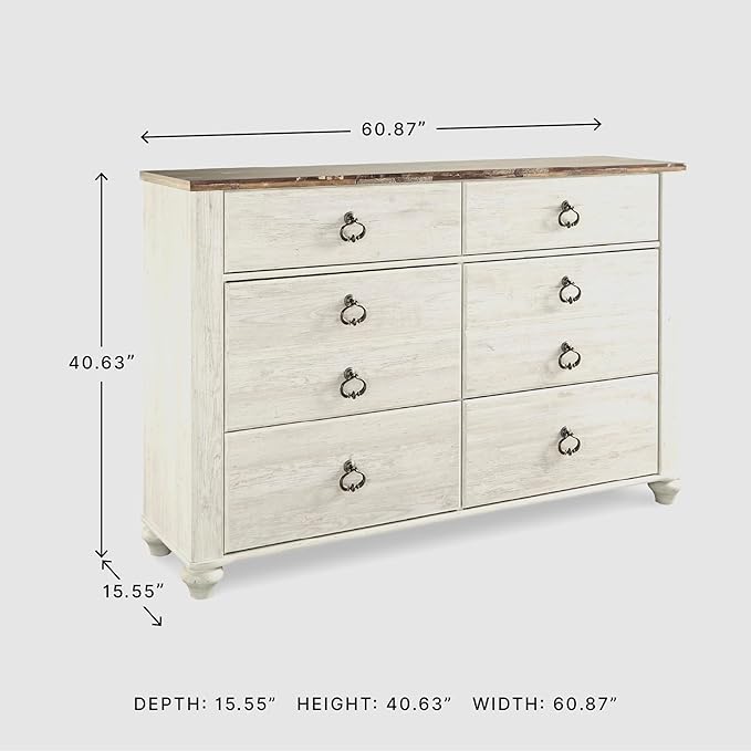 Signature Design by Ashley Willowton Coastal Cottage 6 Drawer Dresser with Faux Plank Top, Whitewash