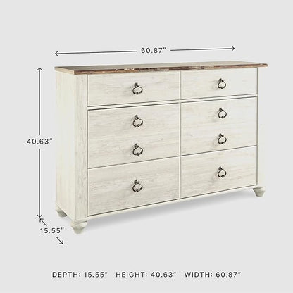 Signature Design by Ashley Willowton Coastal Cottage 6 Drawer Dresser with Faux Plank Top, Whitewash