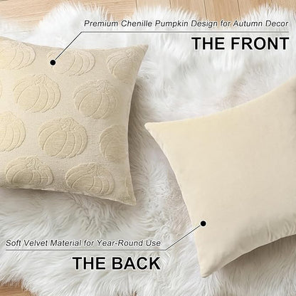 decorUhome Decorative Beige Pumpkin Thanksgiving Throw Pillow Covers 20x20 Set of 2, Soft Chenille Jacquard Farmhouse Textured Pillow Covers for Couch Bed Sofa Autumn Harvest Halloween Holiday