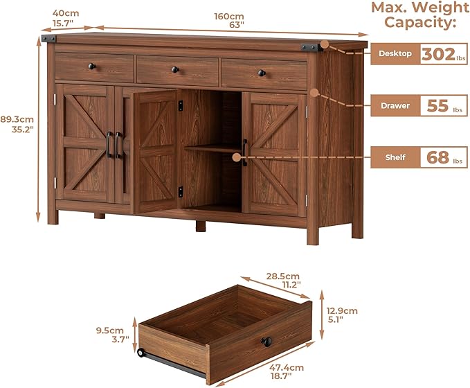 63" Sideboard Buffet Cabinet with Storage, Coffee Bar with 3 Drawers and 4 Barn Doors, Long Wider Storage Cabinet Modern Farmhouse, Cherry Wood, for Kitchen, Dining Room, Living Room