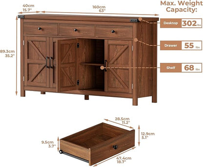 63" Sideboard Buffet Cabinet with Storage, Coffee Bar with 3 Drawers and 4 Barn Doors, Long Wider Storage Cabinet Modern Farmhouse, Cherry Wood, for Kitchen, Dining Room, Living Room
