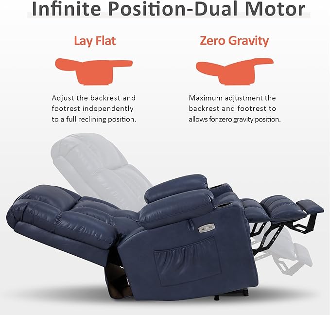 MCombo Dual Motor Large Power Lift Recliner Chair for Elderly, Lay Flat Lift Chair with Heat and Massage, Big Lift Recliner for Tall People, Faux Leather 7896 (Blue, Large)