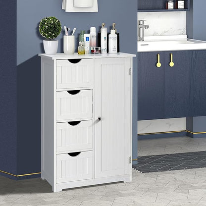 VINGLI White Bathroom Storage Cabinet with 4 Drawers 1 Cupboard Side Storage with Adjustable Shelf, Wood Bathroom Floor Cabinet with Drawers Also for Kitchen, Entryway, Bedroom, 22" Wx11.8 Dx32.3 H