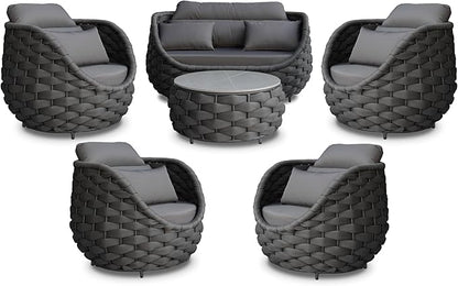 Cushioned Outdoor Patio Furniture Set: 6 Pieces Aluminum Porch Conversation Sofa Set - Modern Hand Woven Rope Deck Couch Set - Assembled All Weather for 661lbs Garden Yard Pool Hotel, Dark Gray