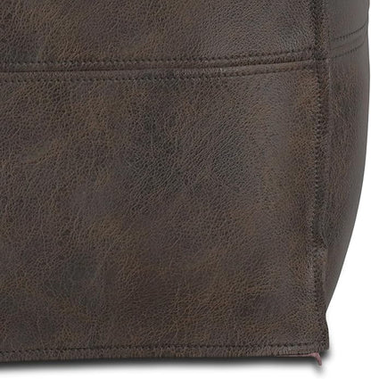 SIMPLIHOME Sheffield Boho Square Pouf in Distressed Dark Brown Leather for the Living Room, Bedroom and Kids Room