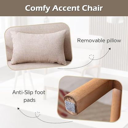 INZOY Mid Century Modern Accent Chair Set of 2, High Back Reading Armchair with Wood Frame, Upholstered Living Room Chairs with Waist Cushion, Single Lounge Arm Chair for Bedroom Sunroom, Beige