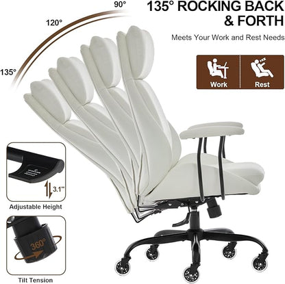 Home Office Desk Chair, PU Casters Ergonomic Computer Chair with Lumbar Support, Adjustable Height, 360°Rolling Swivel Chair, High Back Executive Task, Padded Armrests Chair, White Leather