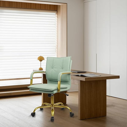CLATINA Leather Home Office Desk Chairs, Swivel Mid-Back Computer Chair with Golden Legs and Arms, Comfy Upholstered Task Chair with Wheels, Green