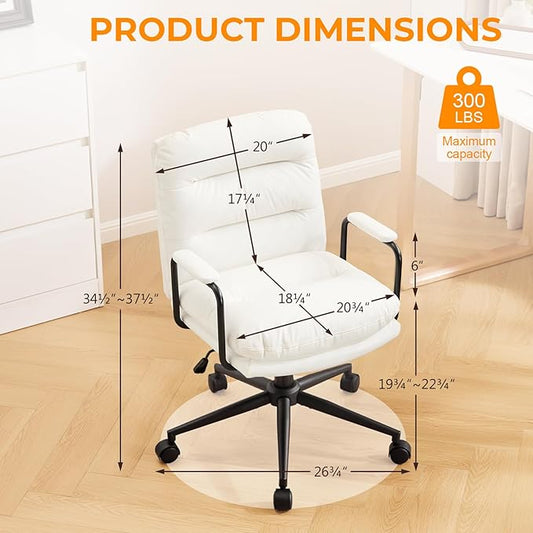 Furniliving Leather Home Desk Chair, Comfortable Executive Office Chair with Wheels, Ergonomic Computer Task Chair Adjustable Height, White