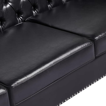 LEVNARY Chesterfield Chair Leather, Upholstered Sofa Chair with High Back, Mid-Century Modern Armchair with Solid Wood Legs, Single Couches for Living Room (Black)