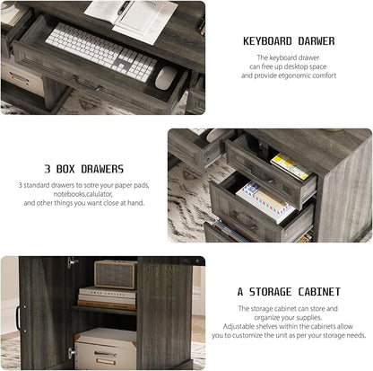 CARPETNAL 58'' Farmhouse Executive Desk with Drawers, Home Office Desk with File Drawer and Storage Cabinet, Rustic Computer Desk for Working, Studying, Writing, Grey