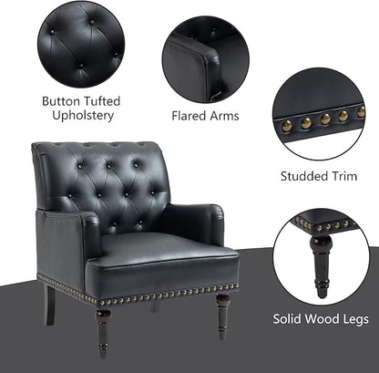 Pia Ricco PU Leather Accent Chairs 2 Pack - Modern Armchairs with Wooden Legs, Office Living Room Bedroom Seating Set-Black