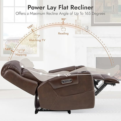 Watson & Whitely Oversized Genuine Leather Power Recliner Chairs for Big and Tall, Extra Wide Lay Flat Recliner with Power Headrest & Cup Holders, Electric Reclining Sofa for Living Room, Dark Brown
