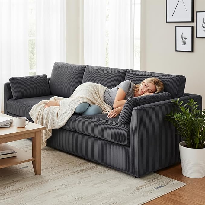 79" L Shaped Couch with Storage Ottoman, 3 Seater Corduroy Sofa with 2 Pillows and Storage Pockets, Small Modern Couches for Living Room, Apartment, Small Spaces, Home Office, Grey