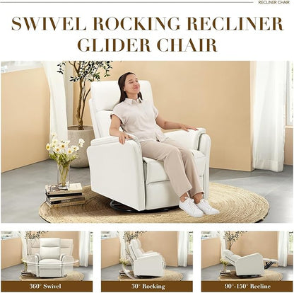 COLAMY Faux Leather Swivel Recliner Chair with Footrest, High Back with Double-Layer Cushion, Glider Recliner for Nursery & Living Room, Bedroom, Beige