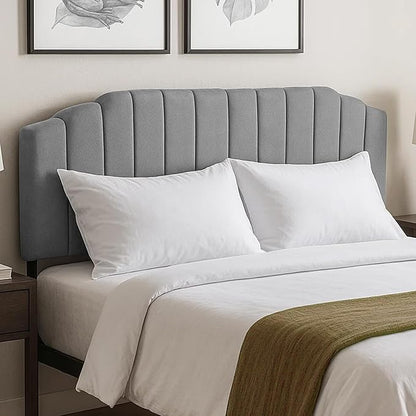 Upholstered Headboard Adjustable Height Queen/King Headboard Cream Velvet Tufted Modern Vertical Channel Design with Stepped Silhouette Top Edge(Grey King)