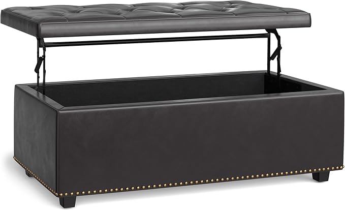 SIMPLIHOME Hamilton 44 inch Wide Traditional Rectangle Lift Top Rectangular Storage Ottoman in Tanners Brown Vegan Faux Leather, Assembled, For the Living Room, Entryway and Family Room