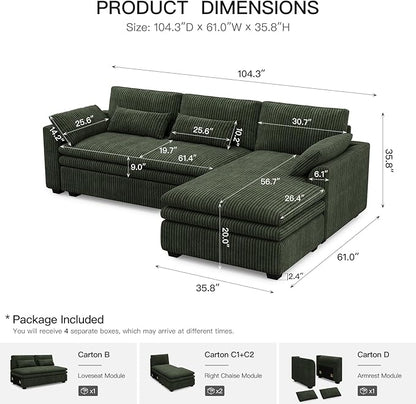 Belffin Large Modular Sectional Sofa with Deep Chaise, 104" Corduroy L Shaped Couch with 9" Soft Dual-Layer Seats Cushion for Living Room, Apartment, Green