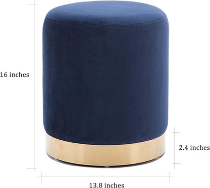 DAGONHIL Modern Round Velvet Ottoman,Upholstered Make-up Short Stools with Gold Plating Base,Foot Stool for Living Room,Pack of 1,Blue