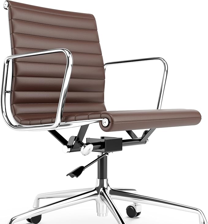 Ribbed Office Chair Top Grain Leather Desk Chair Mid Back Genuine Leather Swivel Chairs with Aluminum Alloy Arms & Base, with Silent Wheels, High Adjustable and Tilting Function,Brown