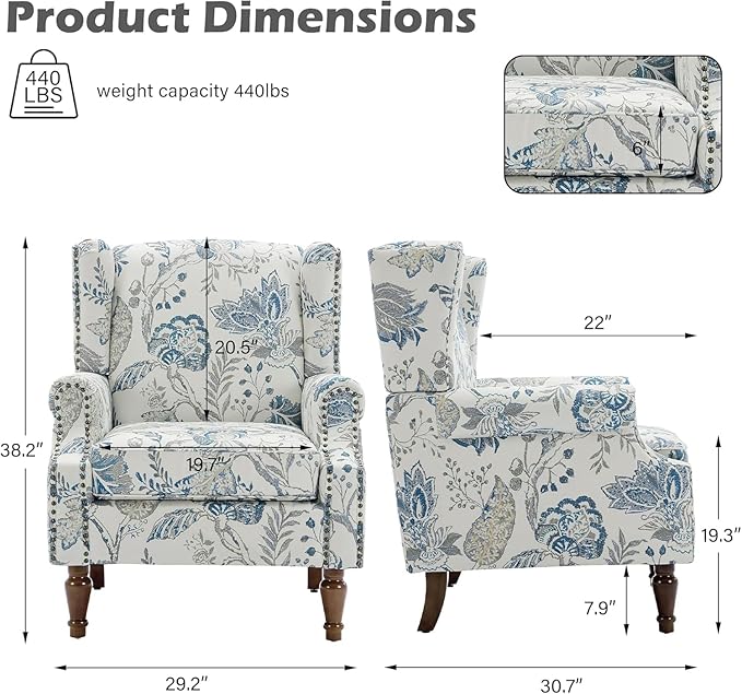 UIXE High Back Floral Accent Chair, Fabric Upholstered Armchair Wingback Chair for Living Room, Nailhead Trim Single Sofa Bedroom Side Reading Seat - Plants Blue