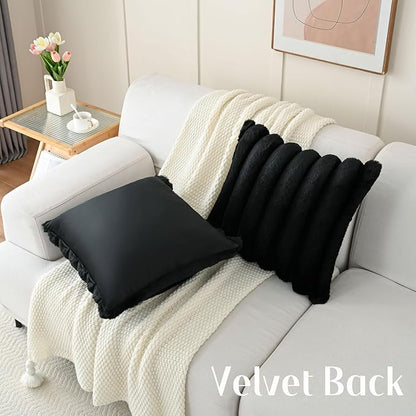 FUTEI Black Decorative Throw Pillow Covers 18x18 Inch Set of 2, Square Soft Faux Rabbit Fur Thick Striped Cushion Cover,Winter Home Decor for Couch Bed Living Room
