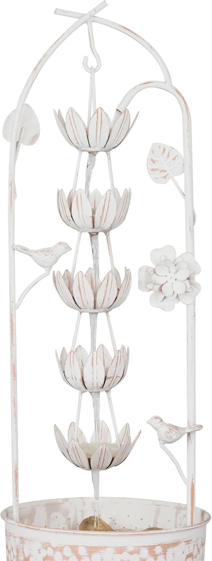 Alpine Corporation YHL866 30"" Metal Rustic Water Fountain with Decorative Flower – Cascading Waterfall Feature for Gardens, Patios, and Outdoor Décor, White