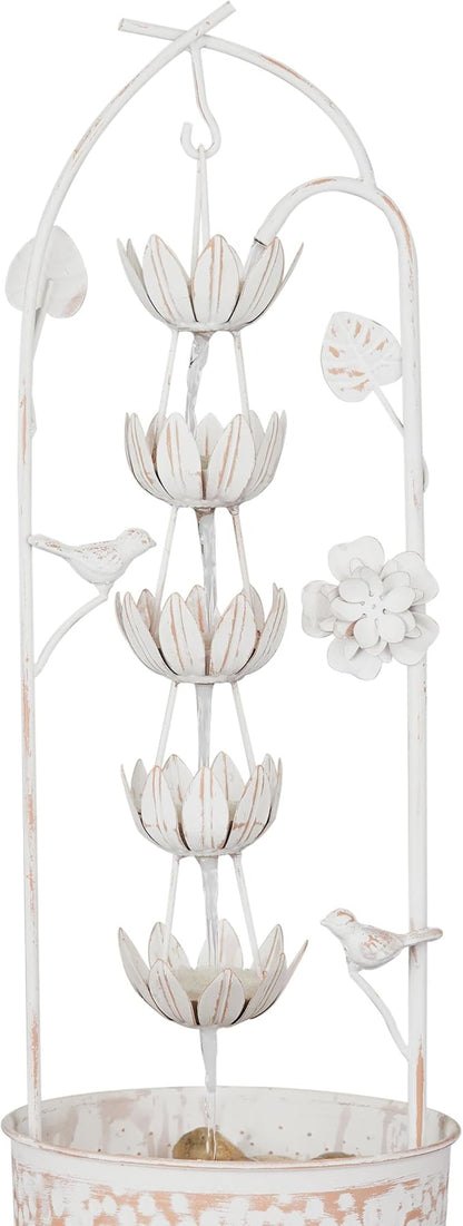 Alpine Corporation YHL866 30"" Metal Rustic Water Fountain with Decorative Flower – Cascading Waterfall Feature for Gardens, Patios, and Outdoor Décor, White
