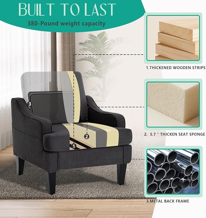 Modern Accent Chair for Bedroom Upholstered Reading Chair with Side Pockets Comfy Living Room Chairs Living Room Armchair with Wood Legs for Office, Apartment (Charcoal)