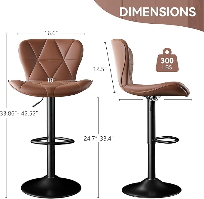Bar Stools Set of 2, Faux Leather Bar Chairs,Upholstered Counter Height with High Backrest for Kitchen Island,Light Brown
