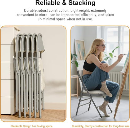 12 Pack Folding Chairs Fabric Dining Chair Set with Padded Cushion and Back, Indoor Outdoor Foldable Seat with Steel Frame for Home Office Events Wedding Party, Oatmeal Strip Seating