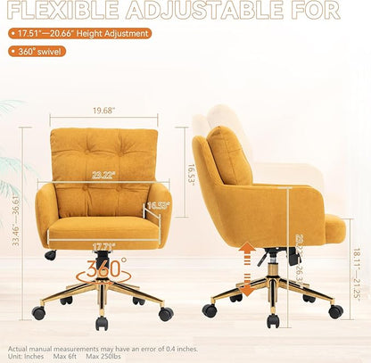 Velvet Office Chair, Comfy Home Office Desk Chairs with Lumbar Support, Modern Velvet Desk Chair Gold Legs Small Swivel Task Chair for Home Office, Bedroom, Study (Yellow, L)