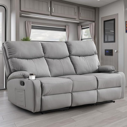 3-Seater Manual Seater Reclining Anti-Scratch 3 Seat Reclining Sofa with Side Pocket and Cupholders Reclining Loveseat Sofa for Living Room Meeting Room Bedroom Office Apartment