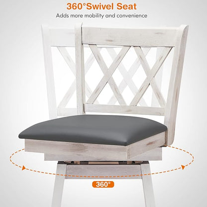 COSTWAY Bar Stool Set of 2, 360° Swivel Bar Height 29.5 inch Bar Stool with Foot Rest Upholstered Cushion & Ergonomic Backrest, Sturdy Frame, for Pub, Restaurant, Home (2, Antique White+ Grey)