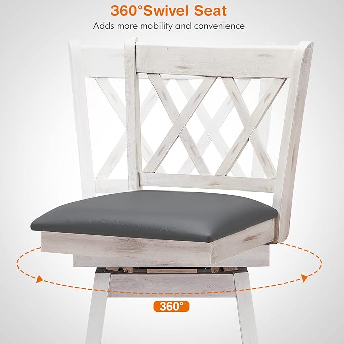 COSTWAY Bar Stool Set of 4, 360 ° Swivel Bar Height 29.5 inch Bar Stool with Foot Rest Upholstered Cushion & Ergonomic Backrest, Sturdy Frame, for Pub, Restaurant, Home (4, Antique White + Grey)