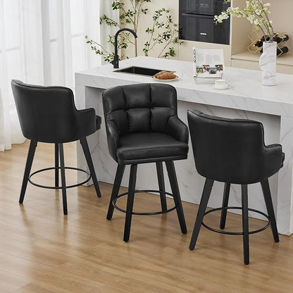 360°Swivel Counter Height Bar Stools with Back, 26 inch Solid Wood Legs, Bar Stool Modern Kitchen Island Chairs, Faux Leather (Black- Faux Leather, 26" H- Set of 4)