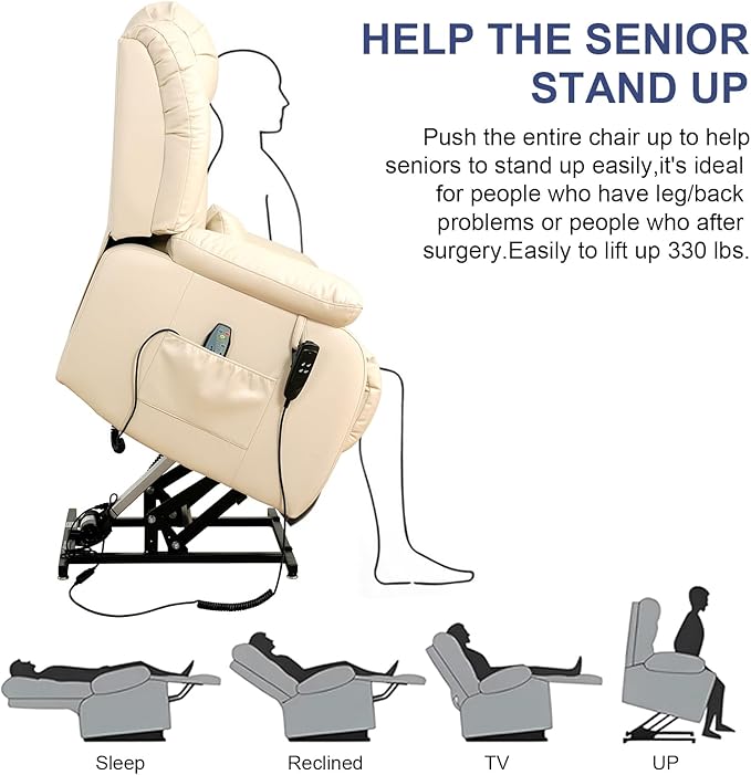 MAEVIS Large Genuine Leather Power Lift Recliner Chair, Dual Motor Recliner for Elderly,Extended Footrest and Lumbar Pillow for Tall Man,with Heat and Massage, USB and Type-C Ports(Beige)
