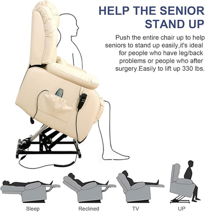 MAEVIS Large Genuine Leather Power Lift Recliner Chair, Dual Motor Recliner for Elderly,Extended Footrest and Lumbar Pillow for Tall Man,with Heat and Massage, USB and Type-C Ports(Beige)