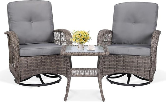 VIVIJASON 3-Piece Outdoor Conversation Bistro Set, Patio Swivel Glider Rocking Chairs Rattan Furniture Sets w/ 2 Rattan Chairs, Glass Top Side Table for Porch Backyard, Gray Wicker & Gray Cushions