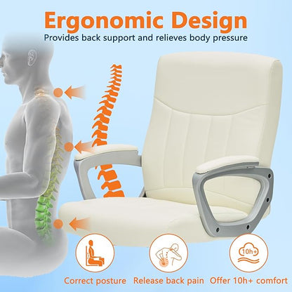 CLATINA Office Computer Desk Chair Executive Mid Back Ergonomic Managerial Chair with Lumbar Support Comfortable Adjustable PU Leather Home Office Chair Swivel, White 8PK