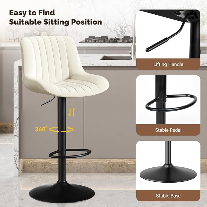 Nalupatio Bar Stools Set of 4, Adjustable Modern Swivel Bar Stools with Backs, Counter Height Performance Fabric Island Chairs for Home Kitchen, Off-White