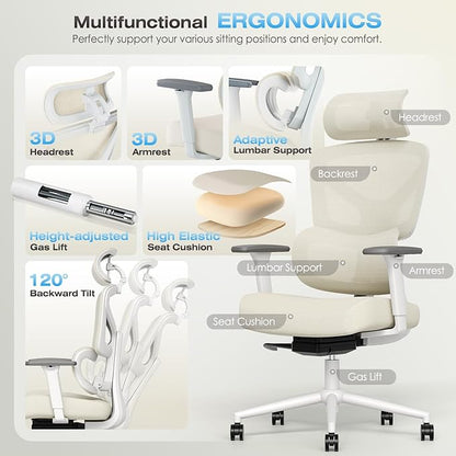 Ergonomic Office Chair, High Back Mesh Desk Chair with 4-Position Height Adjustable Back, 3D Armrests, Adaptive Lumbar Support, 3-Level Tilt Function, 3D Headrest, Comfy Computer Gaming Chairs