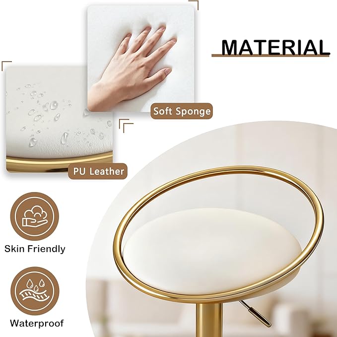 Bar Stools Set of 2, Adjustable Swivel Counter Height Barstools with Upholstered Seat, PU Leather Counter Stools for Bar, Kitchen Island, Dining Room, Gold
