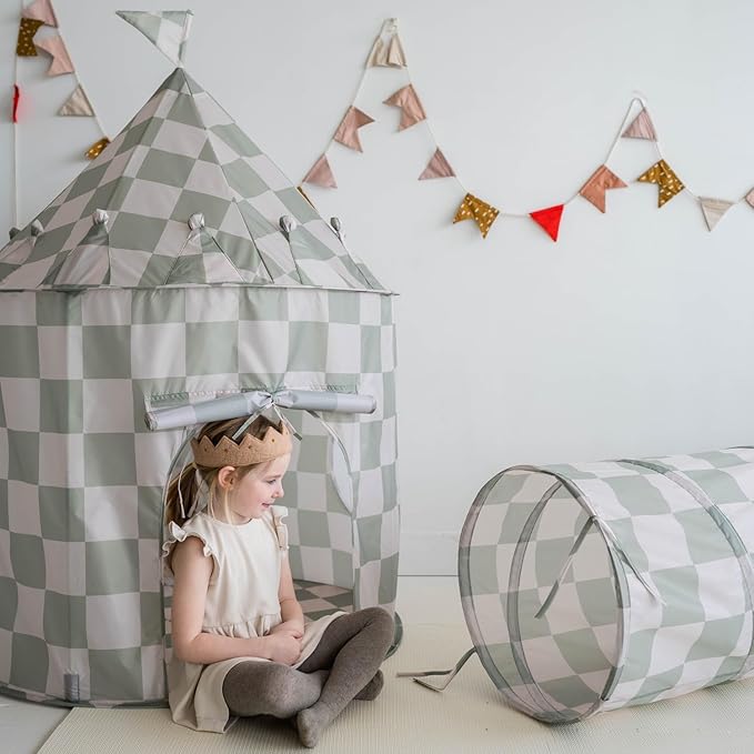 3 Sprouts Kids Play Tent - Sustainable Recycled Fabric – Fun Spacious Childs Playhouse for Indoor Games for Boys & Girls - Durable Fort Pop Up House for Toddlers & Children Age 3-10 - Checkered Green