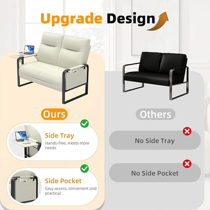 Modern Leather Loveseat, Small Sofa with Side Tray & Pocket, Upholstered Mini Couch for Living Room, Office, Guest Room, Beige