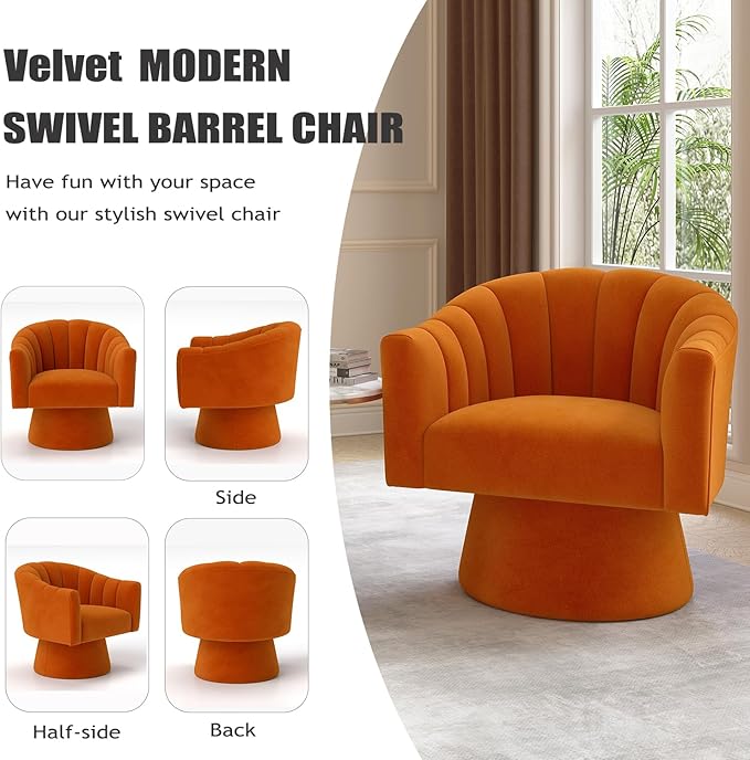Swivel Accent Chair,Upholstered Velvet 360° Swivel Barrel Chair for Living Room Overstuffed Bouncle Reading Chair Round Armchair for Bedroom,Vanity,Office(Orange)